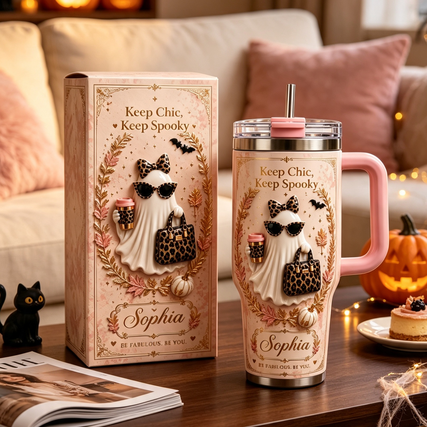👻 Personalized Vintage Halloween Ghost Insulated Tumbler With Handle, Custom Name Spooky Gift