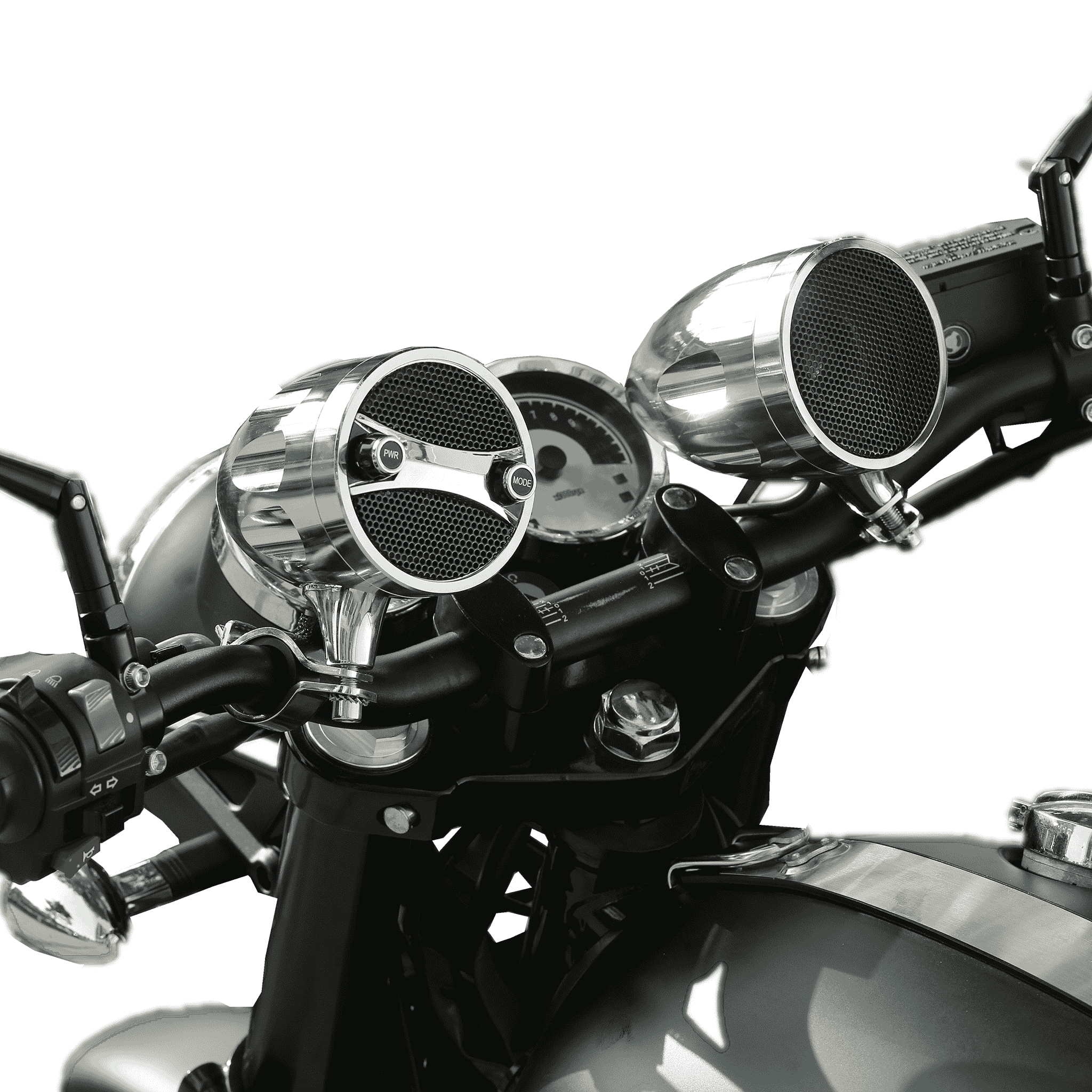 KSPEAKER S7CH chrome motorcycle speakers mounted on handlebar