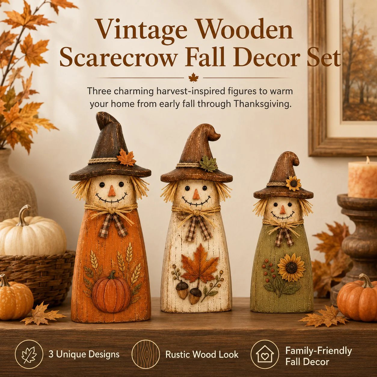 🍂Vintage Wooden Scarecrow Fall Decor Set