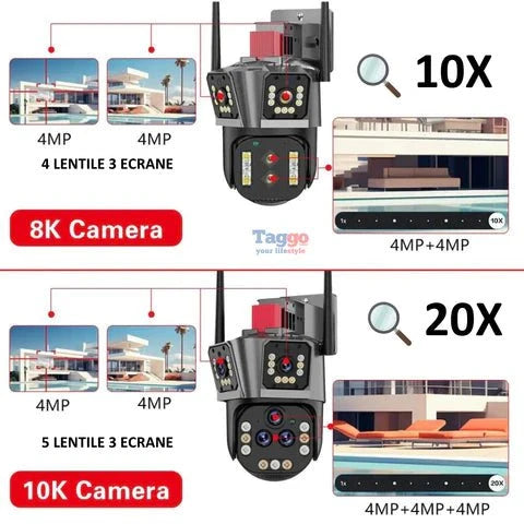 Camera de supraveghere WIFI Taggo 10K, 20MP, zoom 20X, 5 lentile, control din aplicație, comunicare bidirecțională