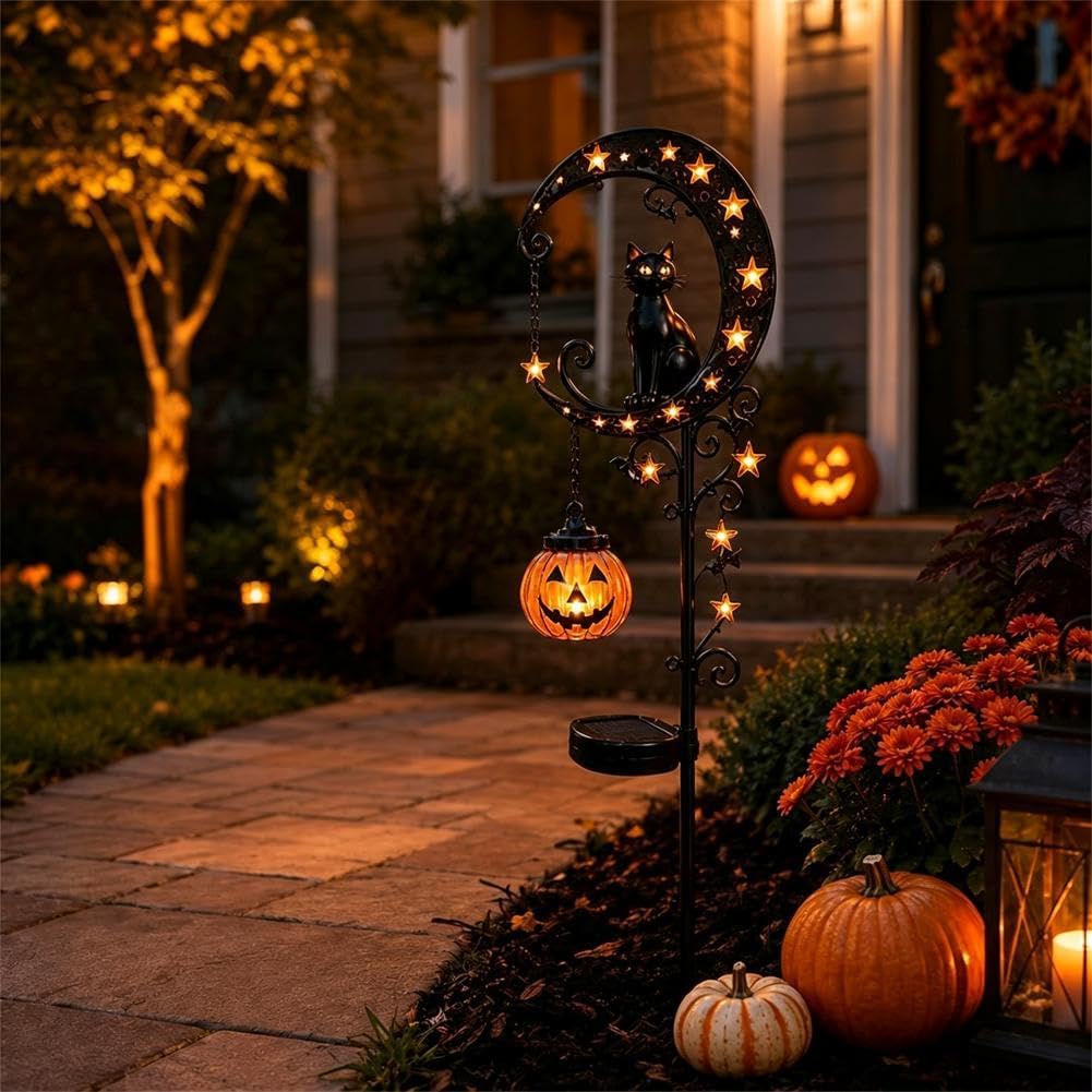 Solar Halloween Cat & Pumpkin Moon Garden Stake Light