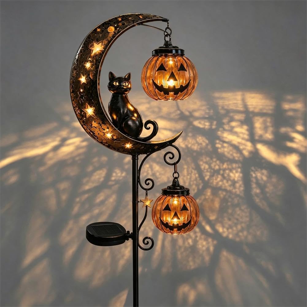 Solar Halloween Cat & Pumpkin Moon Garden Stake Light