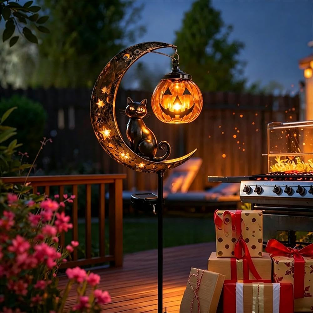 Solar Halloween Cat & Pumpkin Moon Garden Stake Light