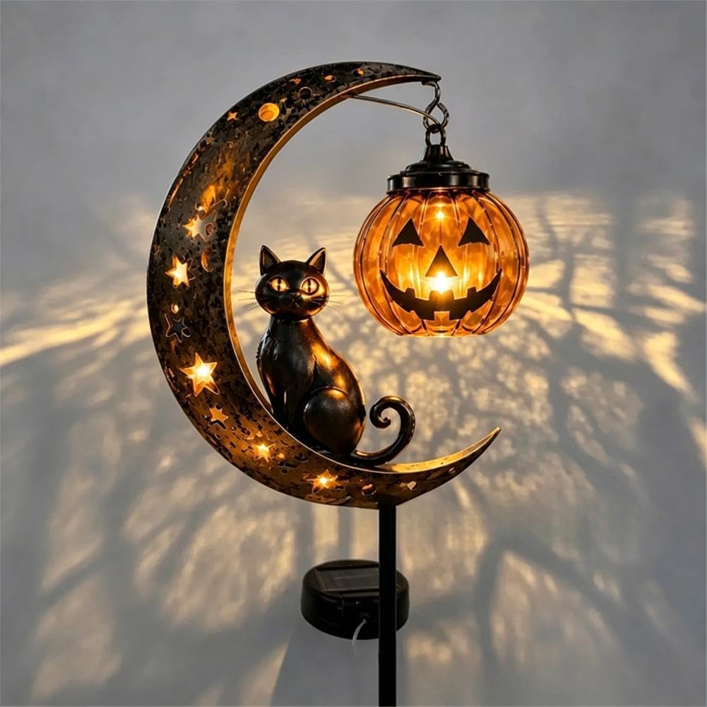 Solar Halloween Cat & Pumpkin Moon Garden Stake Light