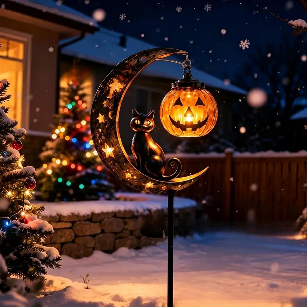 Solar Halloween Cat & Pumpkin Moon Garden Stake Light