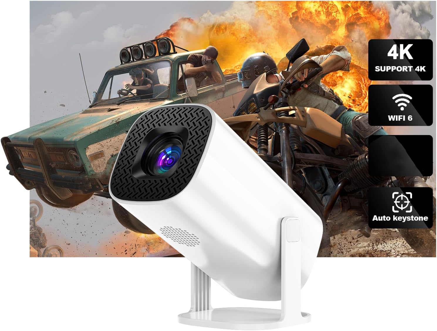 Projector - 4K 1080P Support | Android 11.0 | Bluetooth 5.2 | 6 2.4/5G | 300 ANSI 10000LM | Auto Trapezoidal Correction | 16:9 & 4:3 | USB AUX | 180°Rotatable