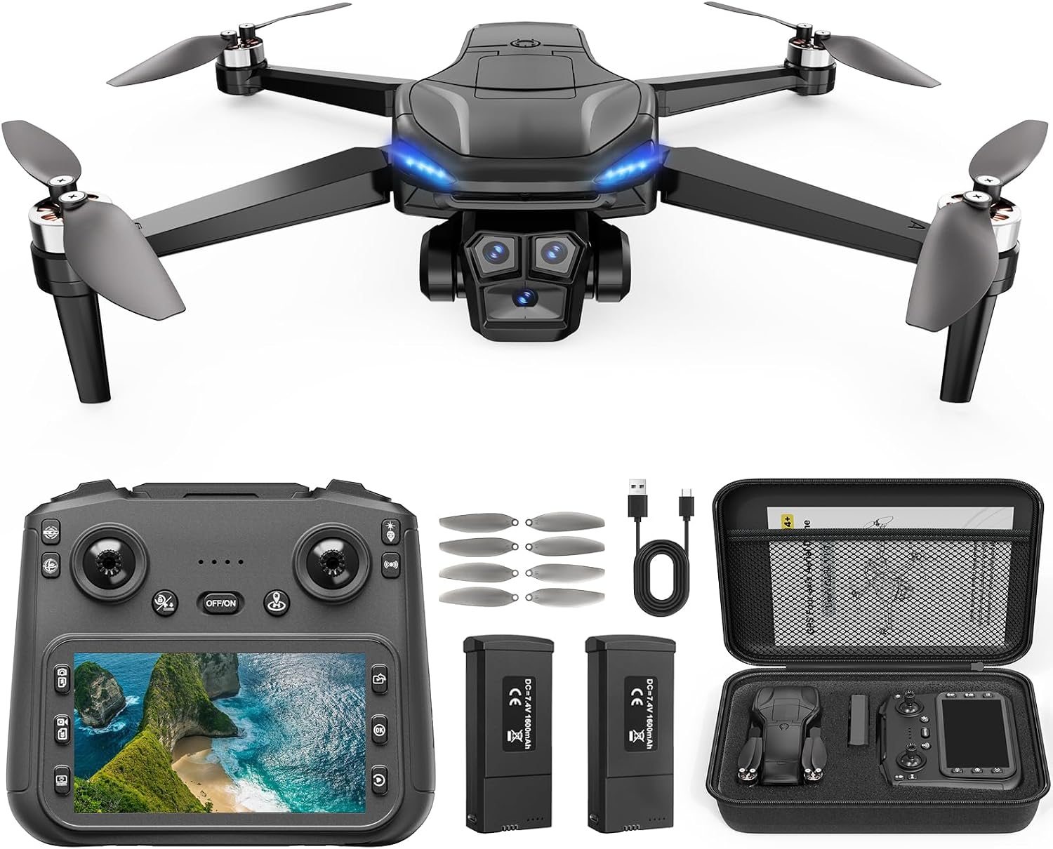 Drone with Camera for Adults - 4K Drone with 4.5” FPV Screen Controller, 60 Min Flight, Brushless Motor Foldable Quadcopter, Auto Return, Follow Me, 3 Speed Modes for Beginners - Gift Under 249g
