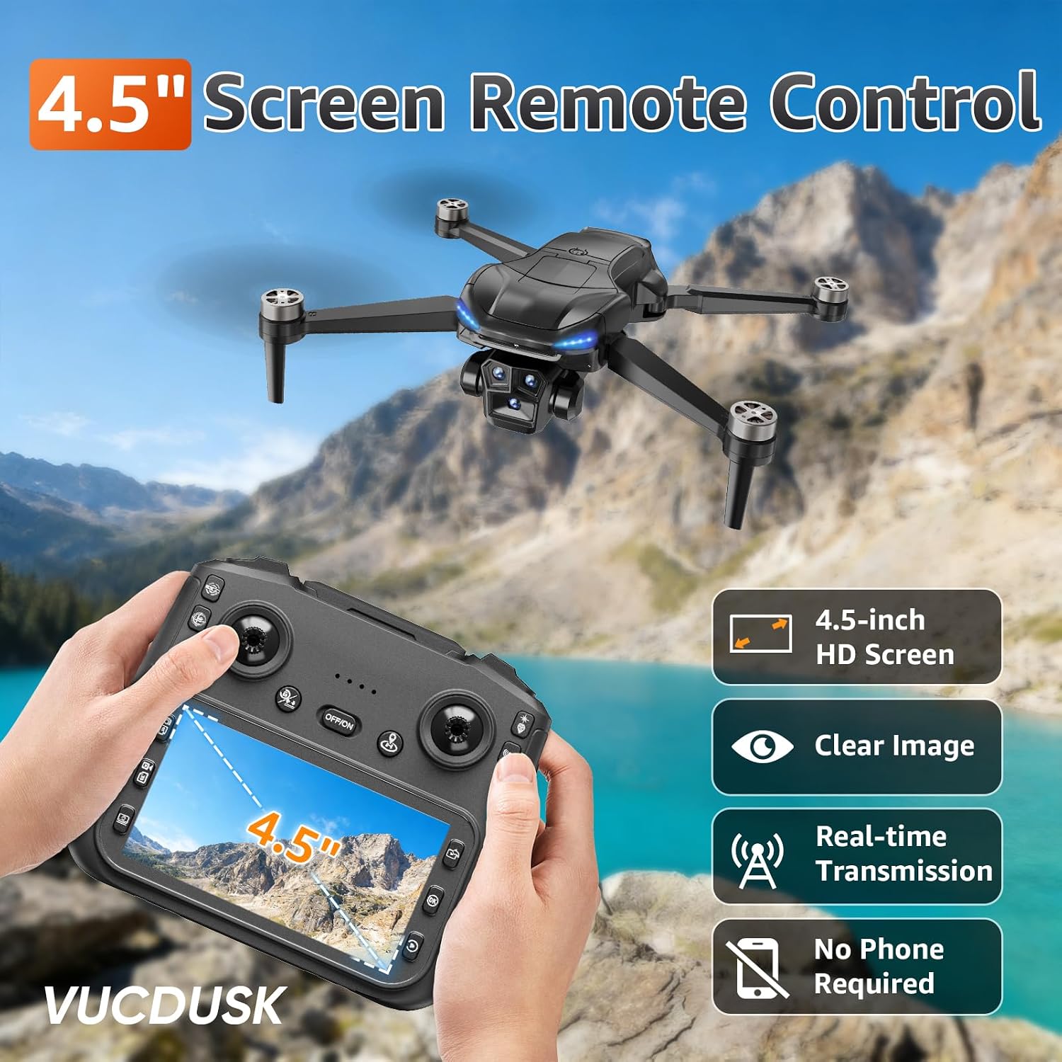 Drone with Camera for Adults - 4K Drone with 4.5” FPV Screen Controller, 60 Min Flight, Brushless Motor Foldable Quadcopter, Auto Return, Follow Me, 3 Speed Modes for Beginners - Gift Under 249g