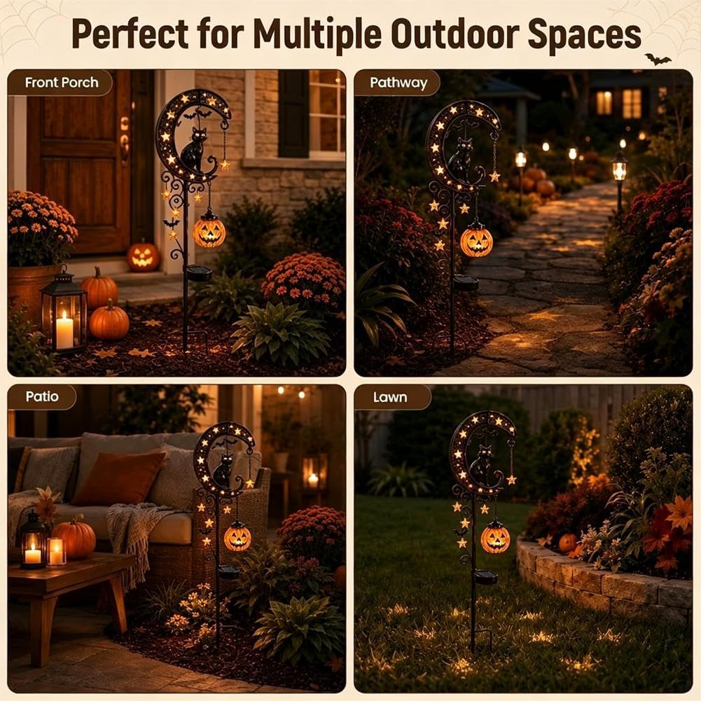 Solar Halloween Cat & Pumpkin Moon Garden Stake Light