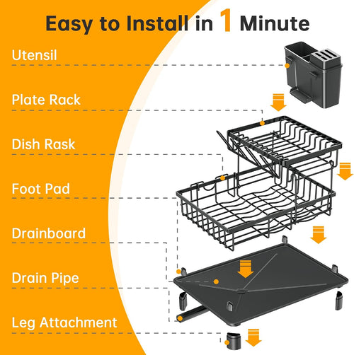 2-Tier Dish Drying Rack | 1-Minute Easy Assembly Kitchen Counter Dish Rack with Drainboard & Utensil Holder, Space Saving Dish Organizer for Apartment & Family Kitchen