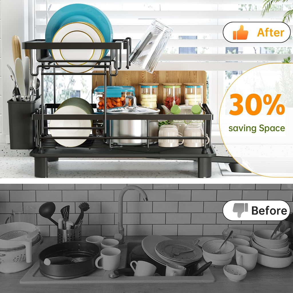 2-Tier Dish Drying Rack | 1-Minute Easy Assembly Kitchen Counter Dish Rack with Drainboard & Utensil Holder, Space Saving Dish Organizer for Apartment & Family Kitchen
