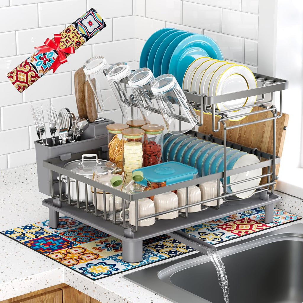 2-Tier Dish Drying Rack | 1-Minute Easy Assembly Kitchen Counter Dish Rack with Drainboard & Utensil Holder, Space Saving Dish Organizer for Apartment & Family Kitchen
