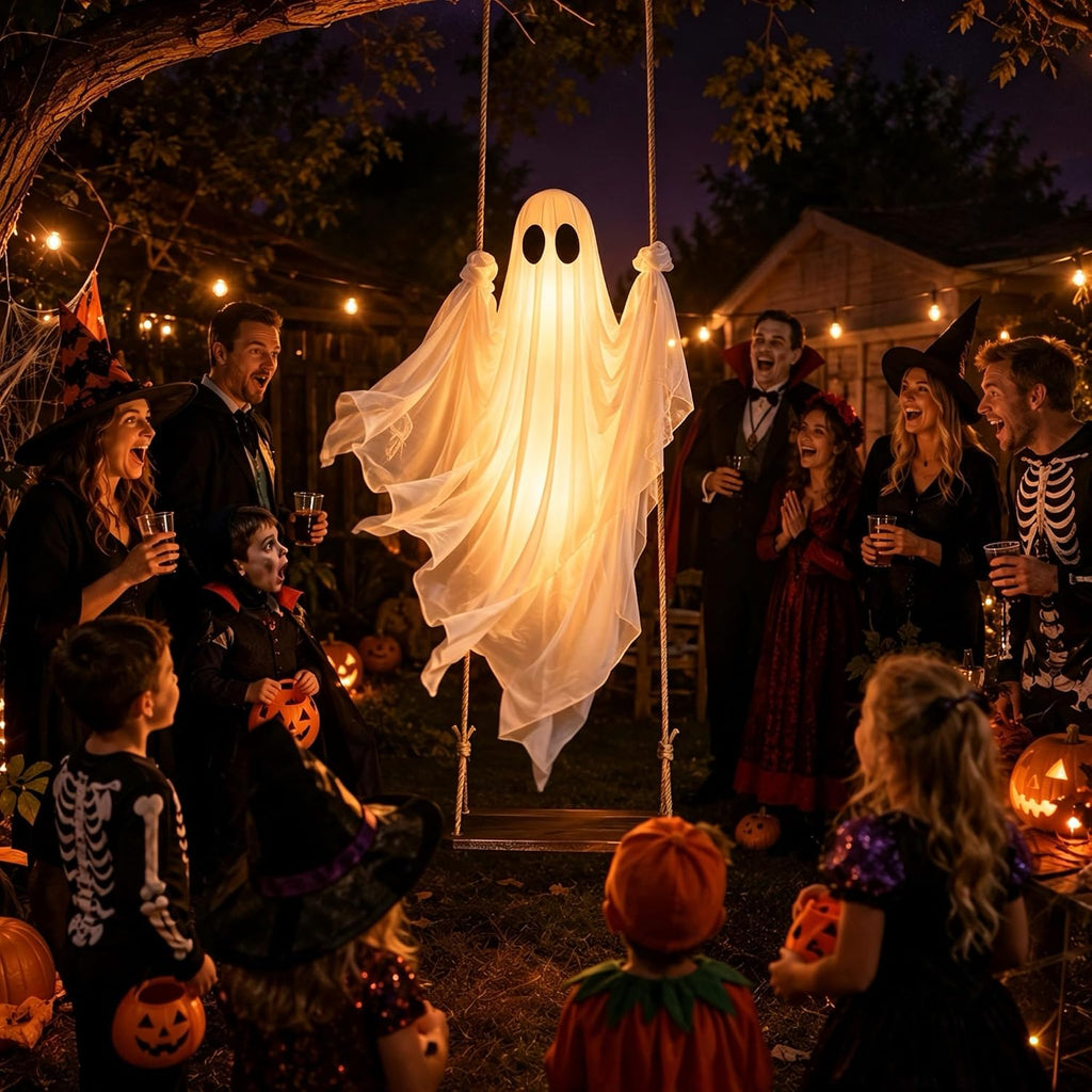 Halloween Decorations Outdoor – Hanging Swing Ghost 4-8FT, Remote Light Up | Spooky hanging ghost for porch, lawn, garden. Remote with timer. Perfect for Halloween party.
