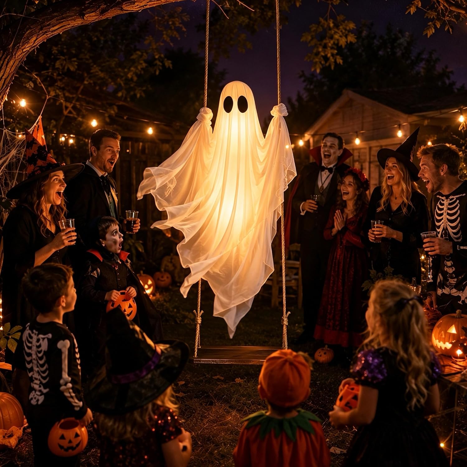Halloween Decorations Outdoor – Hanging Swing Ghost 4-8FT, Remote Light Up | Spooky hanging ghost for porch, lawn, garden. Remote with timer. Perfect for Halloween party.