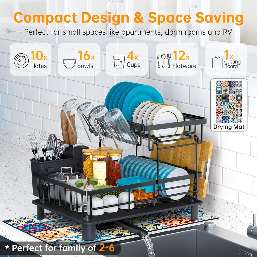 2-Tier Dish Drying Rack | 1-Minute Easy Assembly Kitchen Counter Dish Rack with Drainboard & Utensil Holder, Space Saving Dish Organizer for Apartment & Family Kitchen