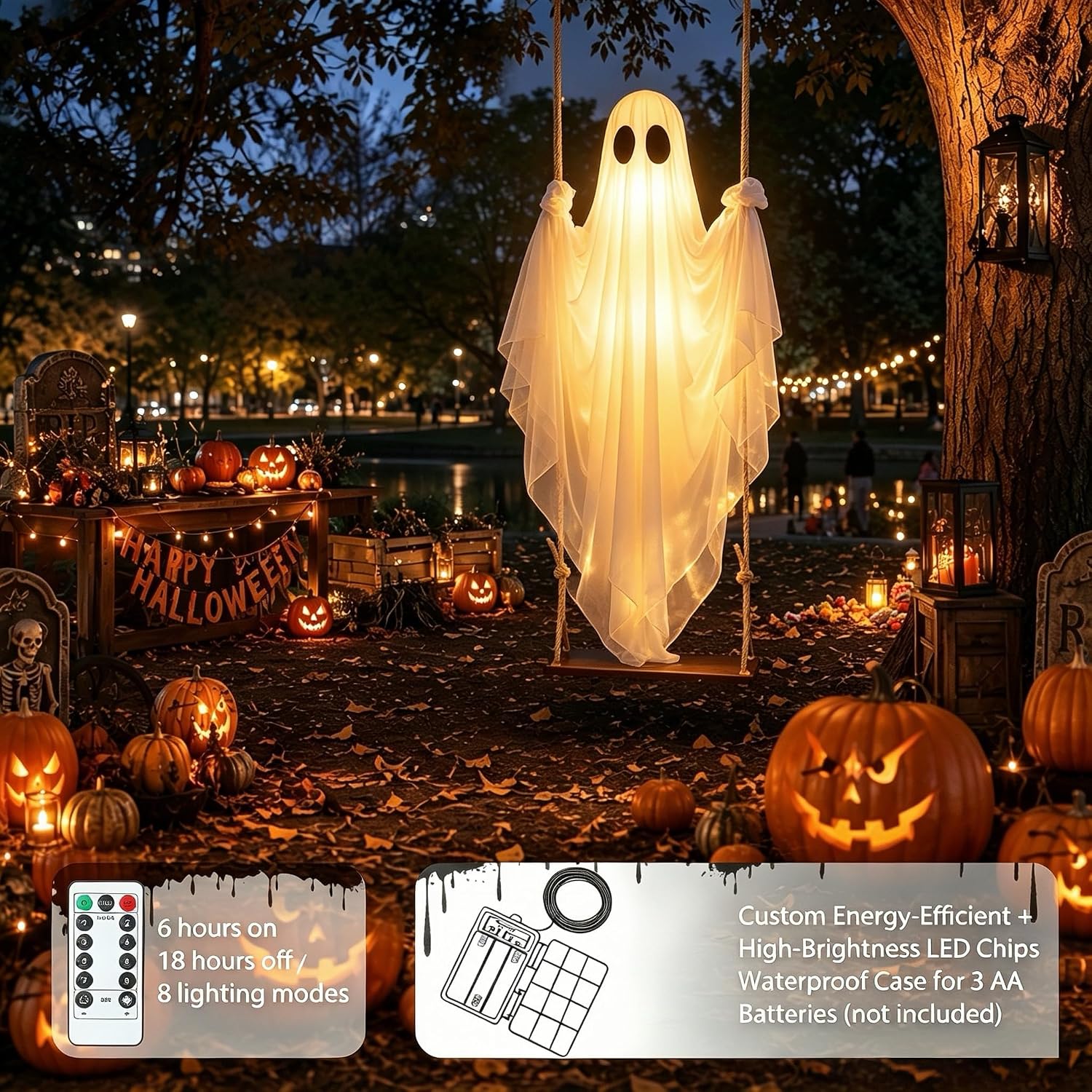 Halloween Decorations Outdoor – Hanging Swing Ghost 4-8FT, Remote Light Up | Spooky hanging ghost for porch, lawn, garden. Remote with timer. Perfect for Halloween party.