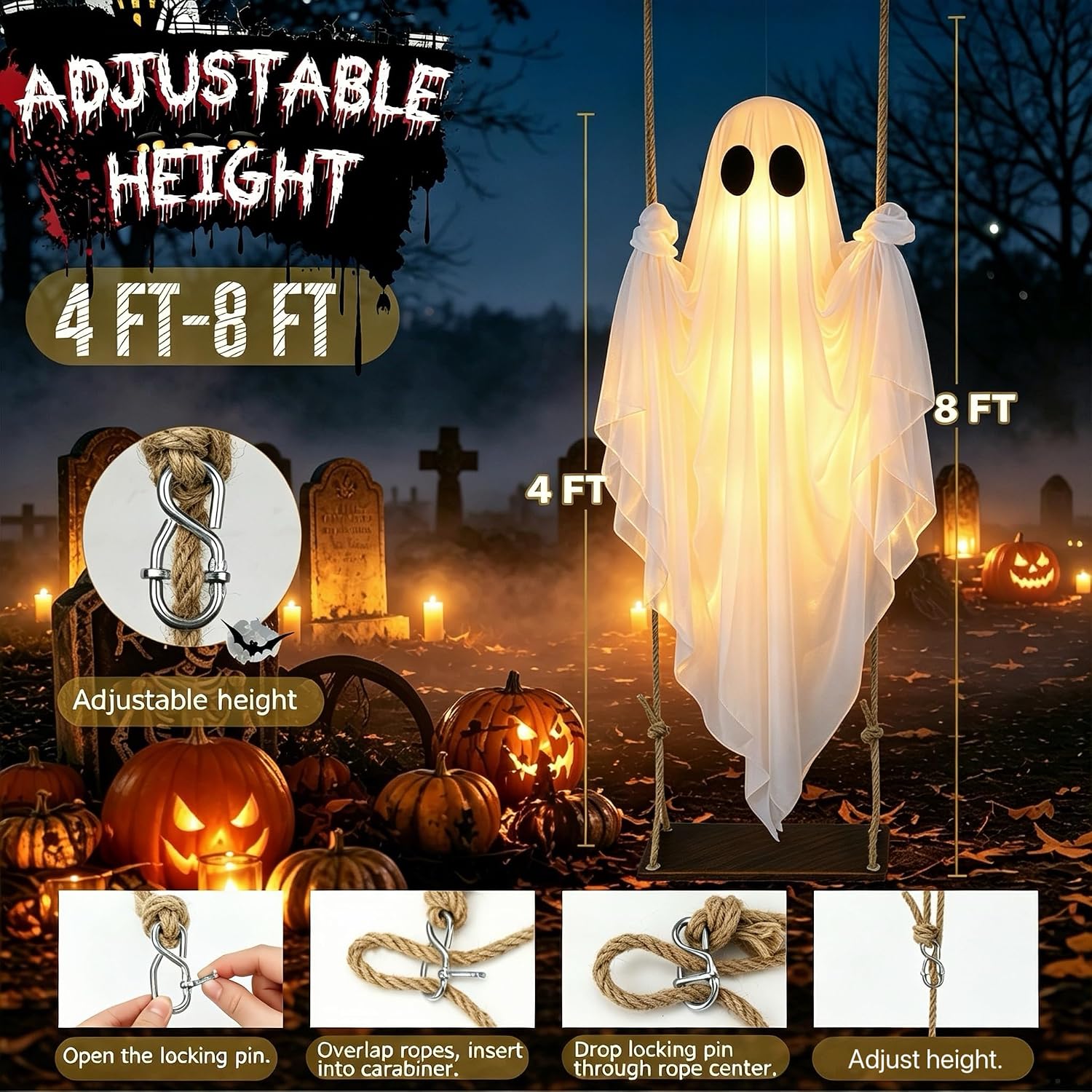 Halloween Decorations Outdoor – Hanging Swing Ghost 4-8FT, Remote Light Up | Spooky hanging ghost for porch, lawn, garden. Remote with timer. Perfect for Halloween party.