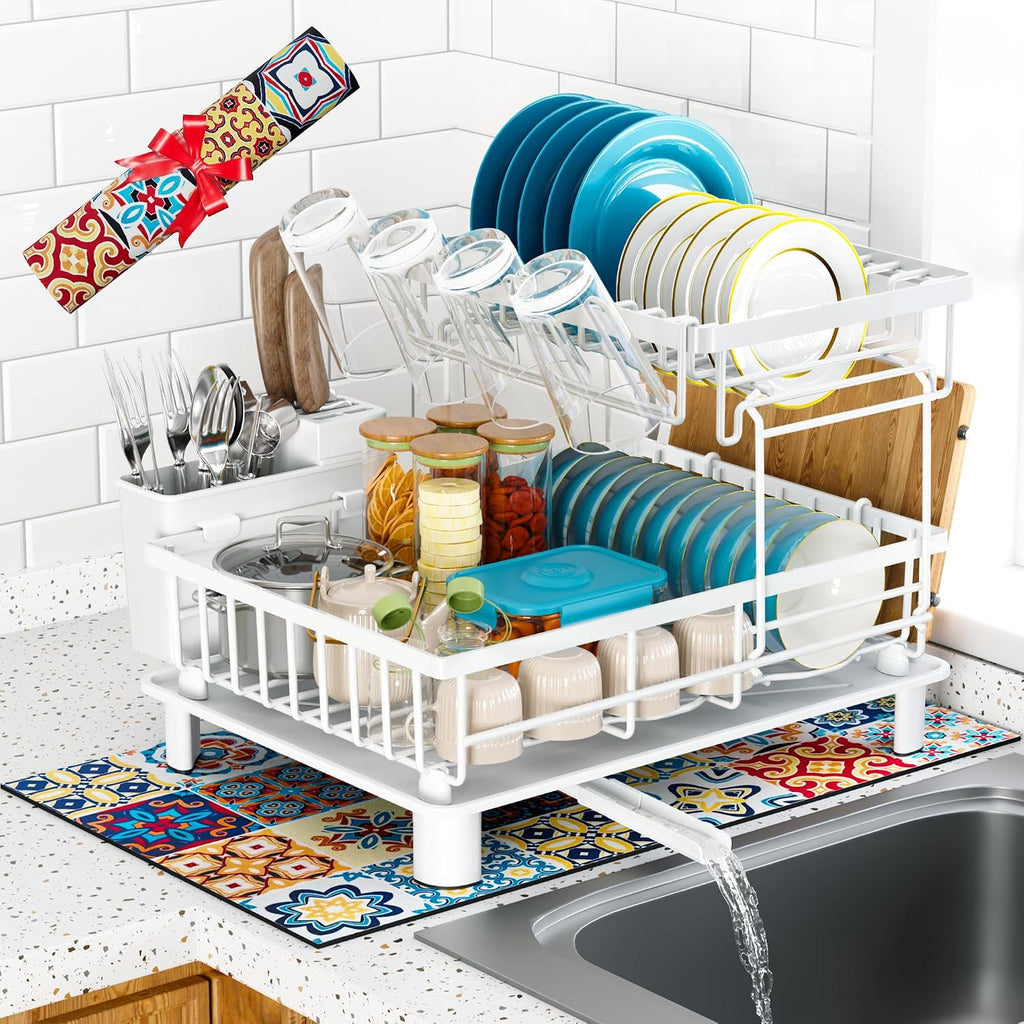 2-Tier Dish Drying Rack | 1-Minute Easy Assembly Kitchen Counter Dish Rack with Drainboard & Utensil Holder, Space Saving Dish Organizer for Apartment & Family Kitchen