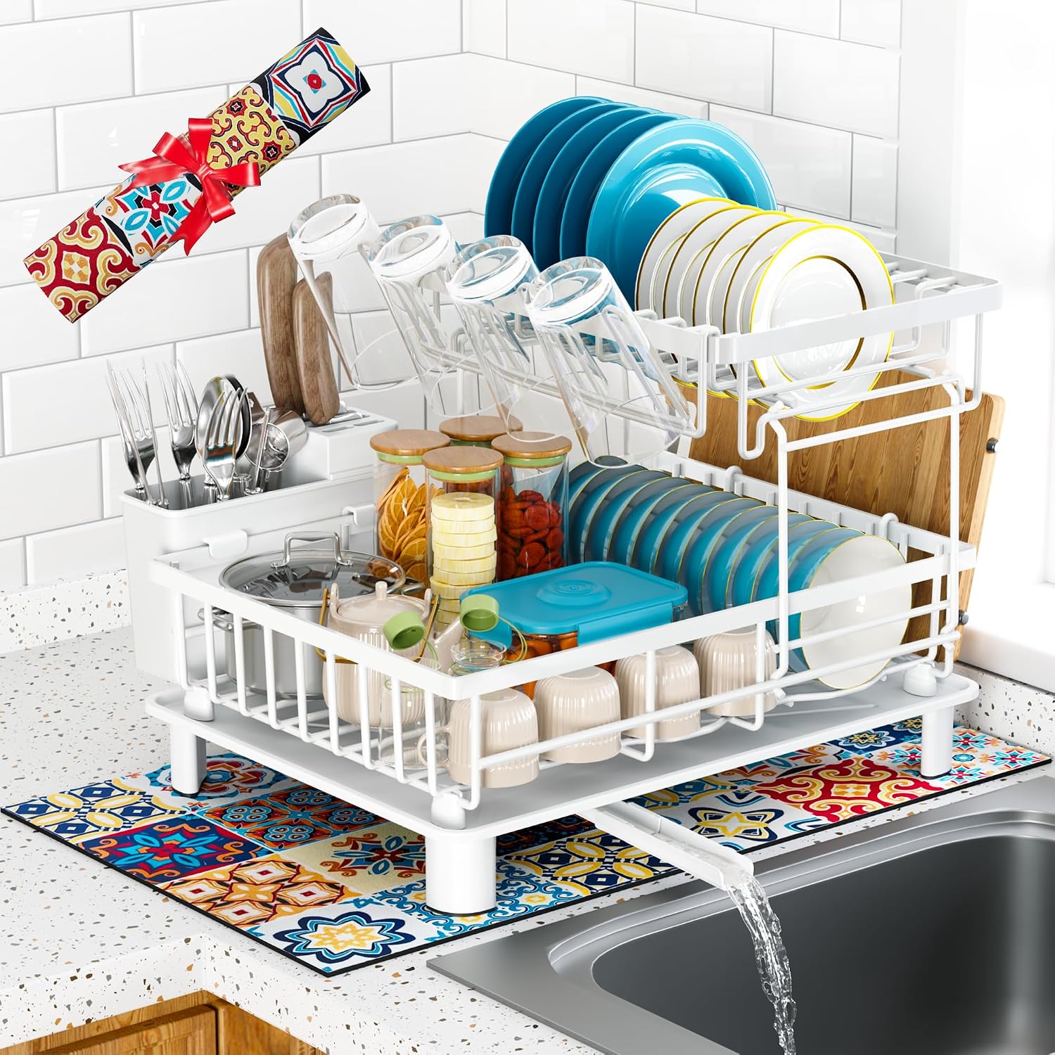 2-Tier Dish Drying Rack | 1-Minute Easy Assembly Kitchen Counter Dish Rack with Drainboard & Utensil Holder, Space Saving Dish Organizer for Apartment & Family Kitchen