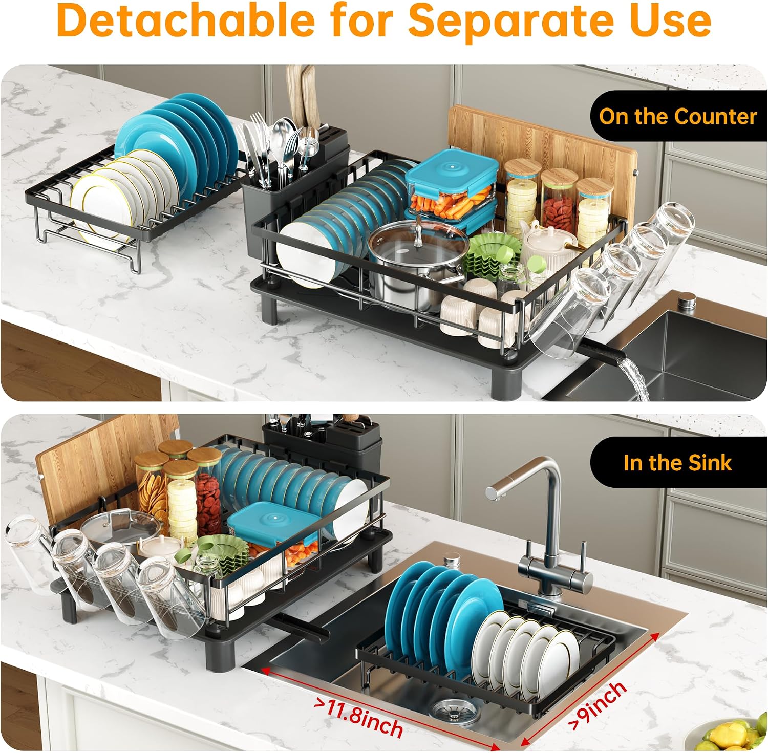 2-Tier Dish Drying Rack | 1-Minute Easy Assembly Kitchen Counter Dish Rack with Drainboard & Utensil Holder, Space Saving Dish Organizer for Apartment & Family Kitchen