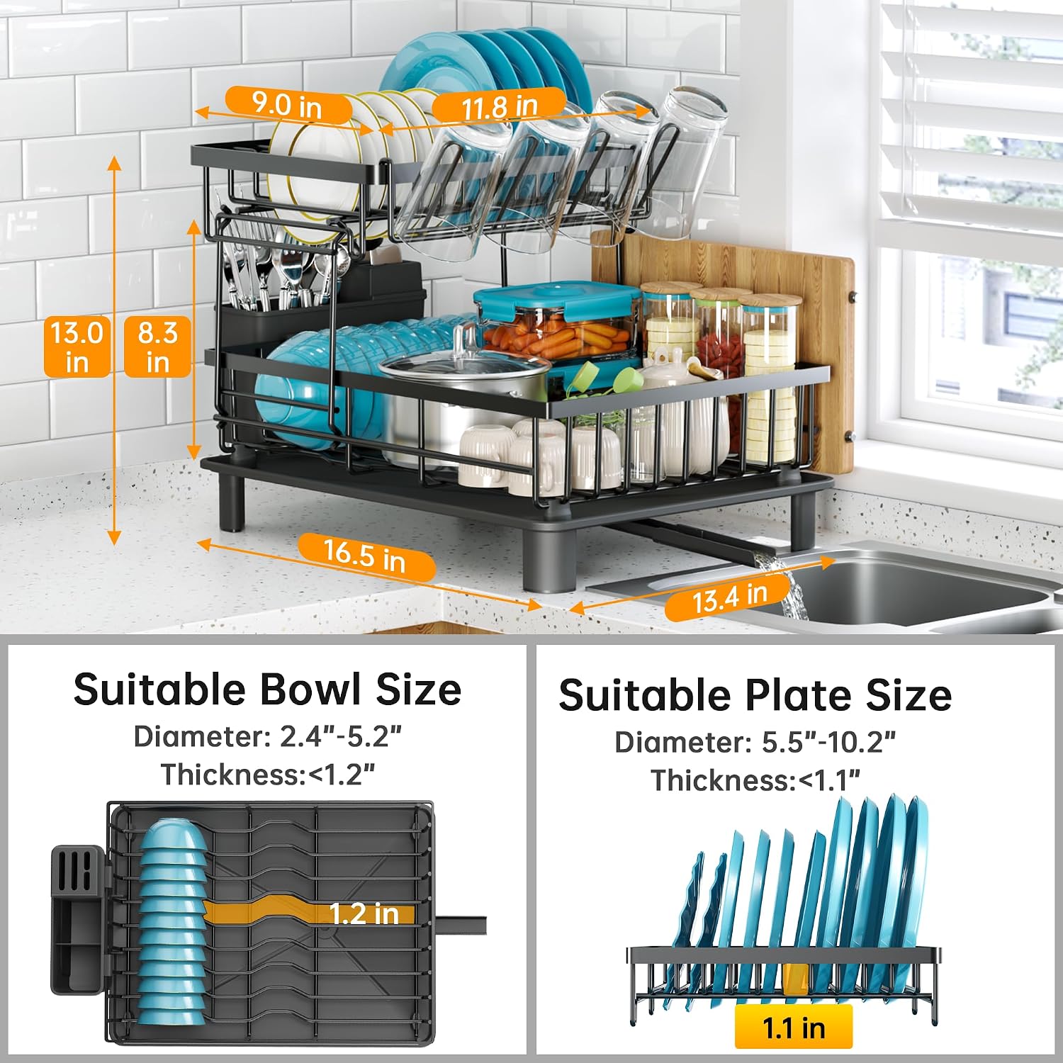 2-Tier Dish Drying Rack | 1-Minute Easy Assembly Kitchen Counter Dish Rack with Drainboard & Utensil Holder, Space Saving Dish Organizer for Apartment & Family Kitchen