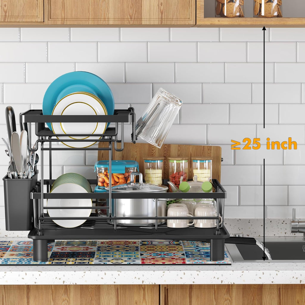 2-Tier Dish Drying Rack | 1-Minute Easy Assembly Kitchen Counter Dish Rack with Drainboard & Utensil Holder, Space Saving Dish Organizer for Apartment & Family Kitchen