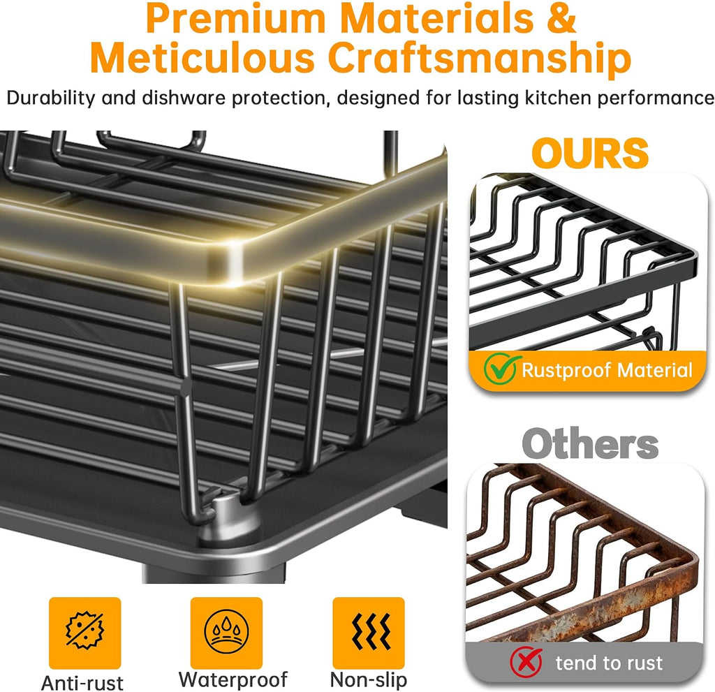 2-Tier Dish Drying Rack | 1-Minute Easy Assembly Kitchen Counter Dish Rack with Drainboard & Utensil Holder, Space Saving Dish Organizer for Apartment & Family Kitchen