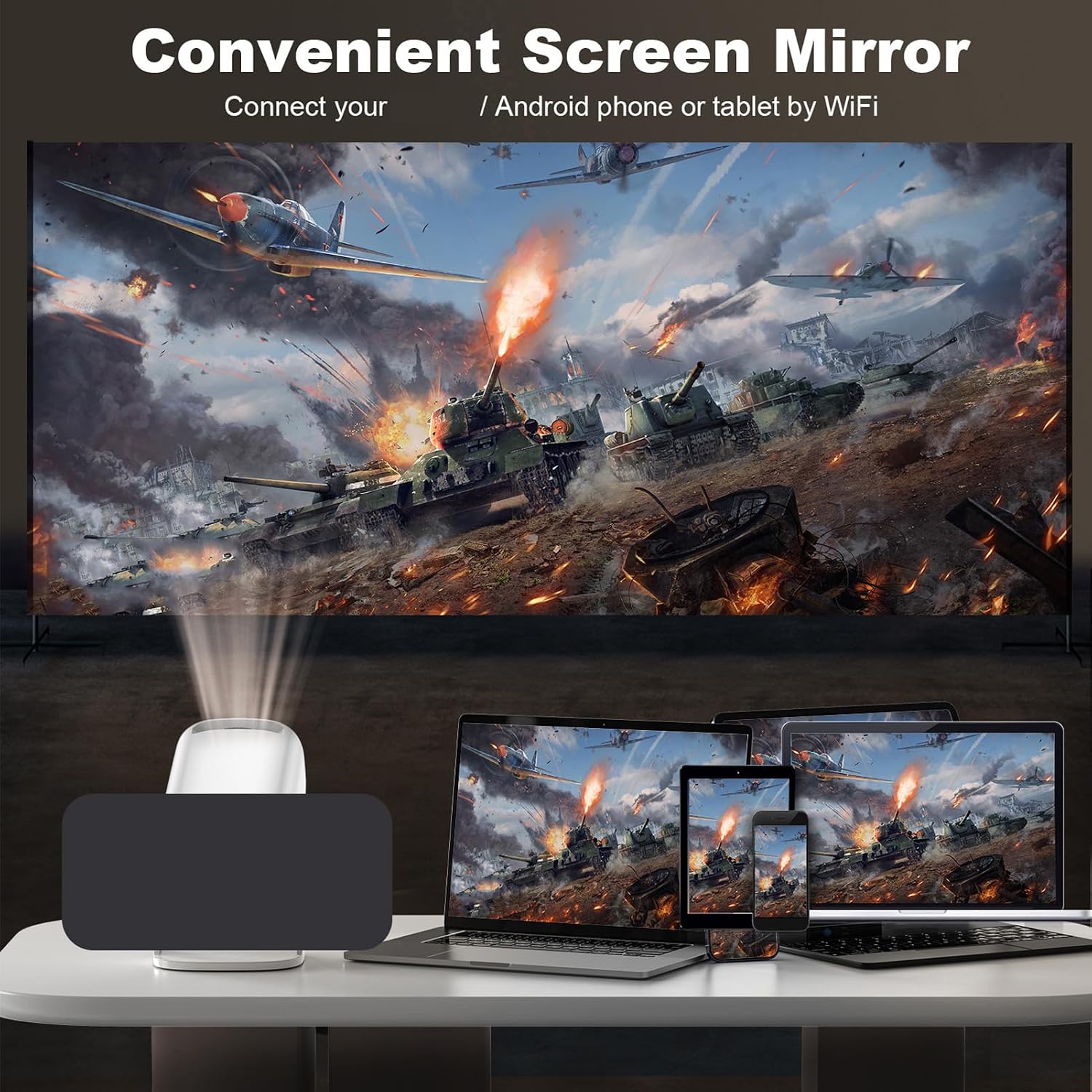 Projector - 4K 1080P Support | Android 11.0 | Bluetooth 5.2 | 6 2.4/5G | 300 ANSI 10000LM | Auto Trapezoidal Correction | 16:9 & 4:3 | USB AUX | 180°Rotatable