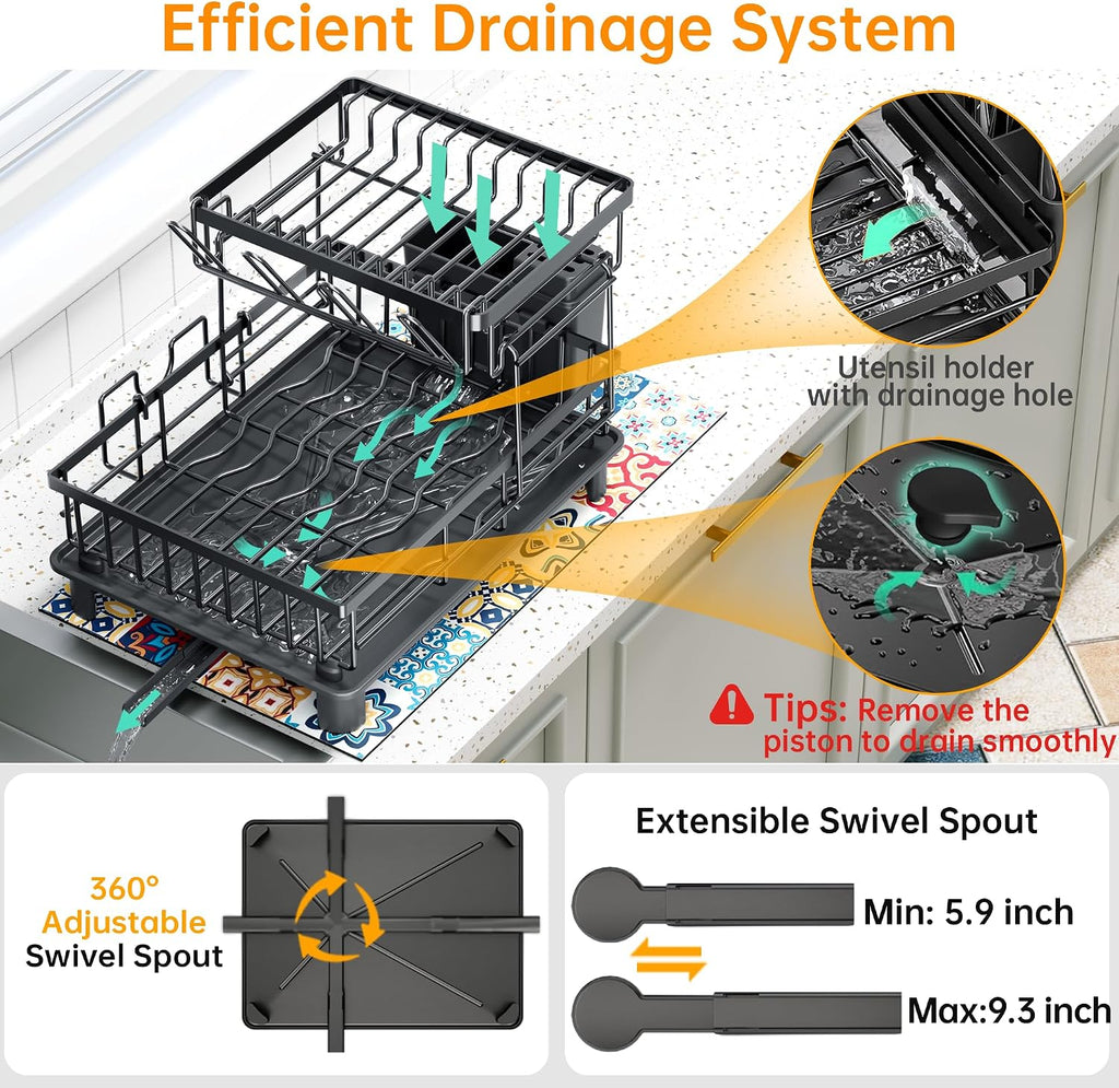 2-Tier Dish Drying Rack | 1-Minute Easy Assembly Kitchen Counter Dish Rack with Drainboard & Utensil Holder, Space Saving Dish Organizer for Apartment & Family Kitchen