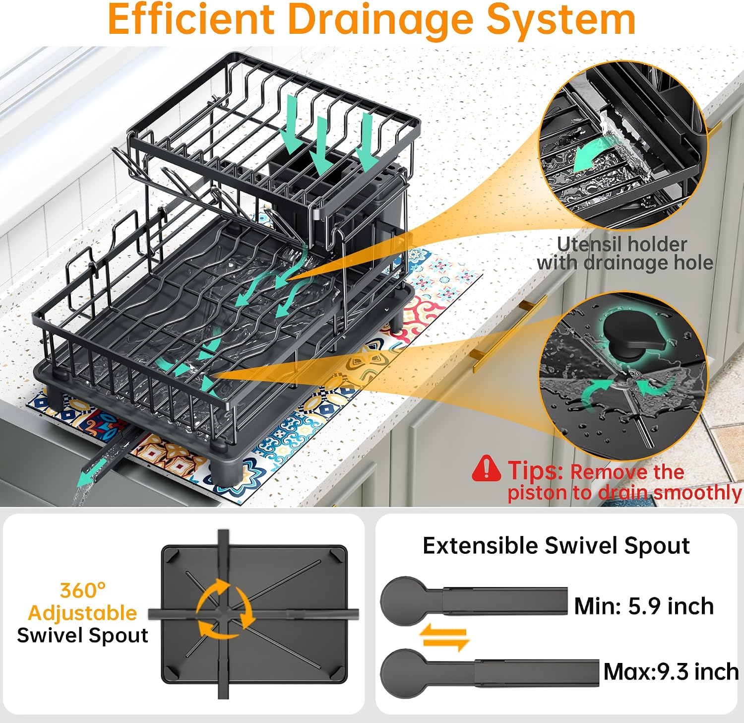 2-Tier Dish Drying Rack | 1-Minute Easy Assembly Kitchen Counter Dish Rack with Drainboard & Utensil Holder, Space Saving Dish Organizer for Apartment & Family Kitchen