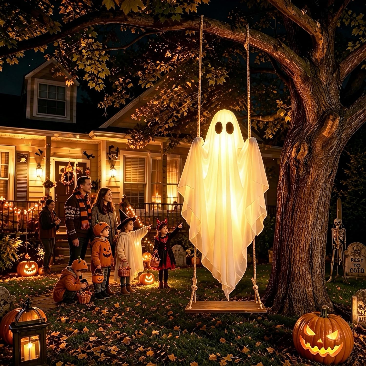 Halloween Decorations Outdoor – Hanging Swing Ghost 4-8FT, Remote Light Up | Spooky hanging ghost for porch, lawn, garden. Remote with timer. Perfect for Halloween party.