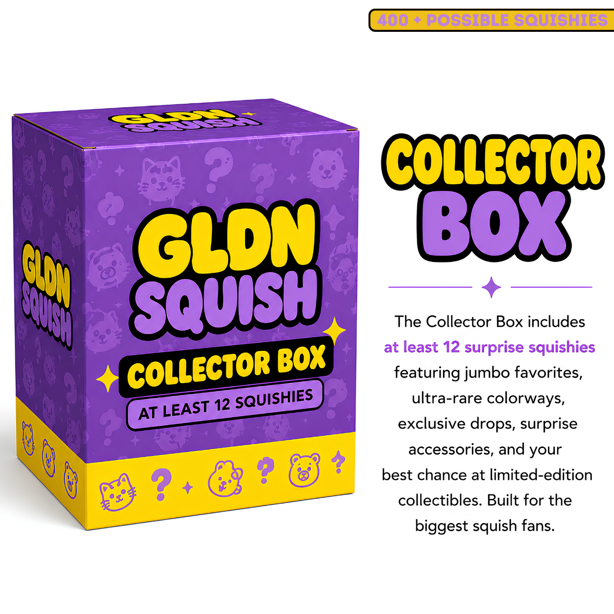 A purple and yellow box labeled 'GLDN SQUISH COLLECTOR BOX' shown on a white background with descriptive text about including at least 12 surprise squishies.