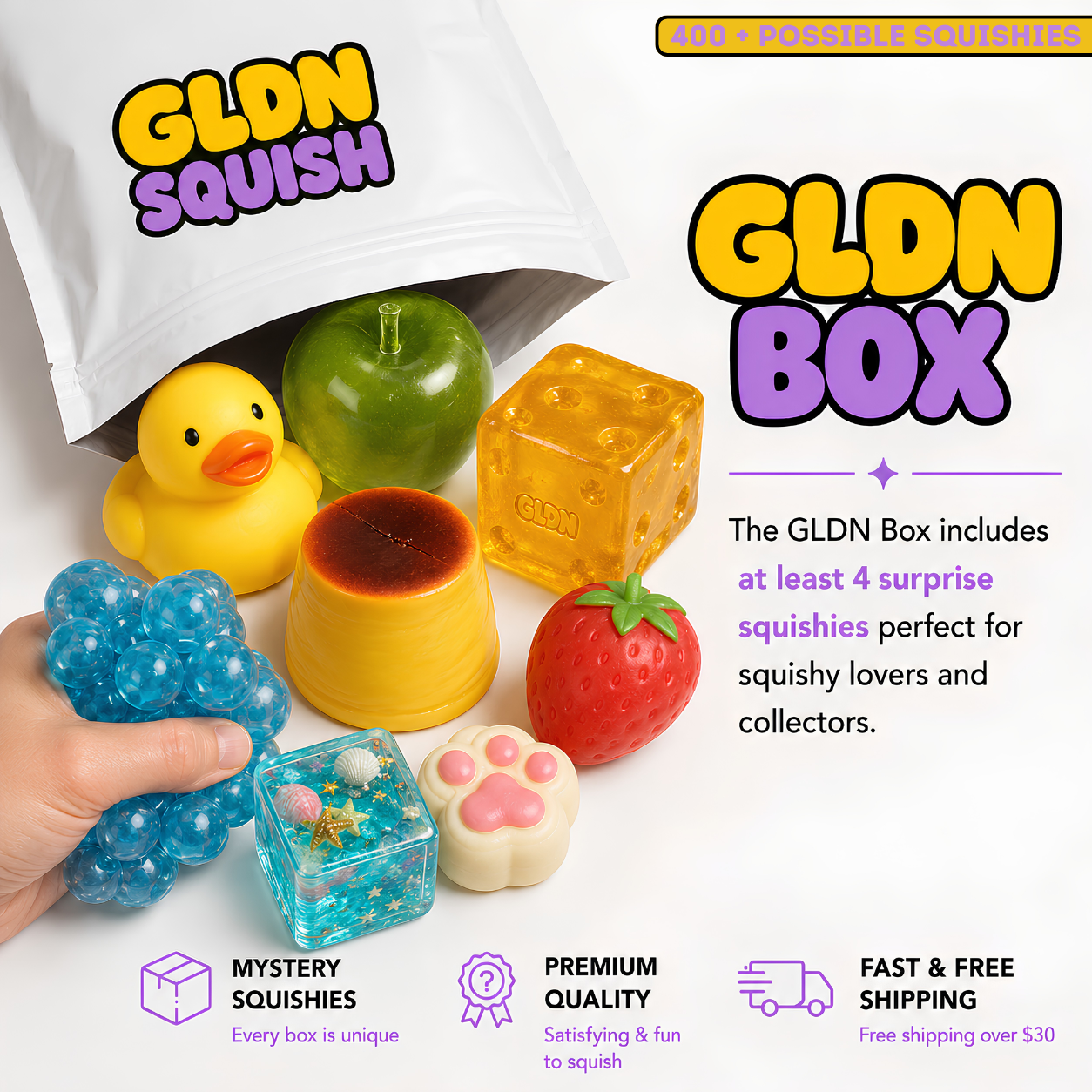 GLDN Squishy GLDN Box surprise toy set shown with a white bag opening, a yellow rubber duck, a green apple-shaped squishy, a translucent yellow cube, a yellow cup, a blue flower-shaped squishy held in a hand, a strawberry-shaped squishy, and a paw-print-shaped squishy, with promotional text on a white background.