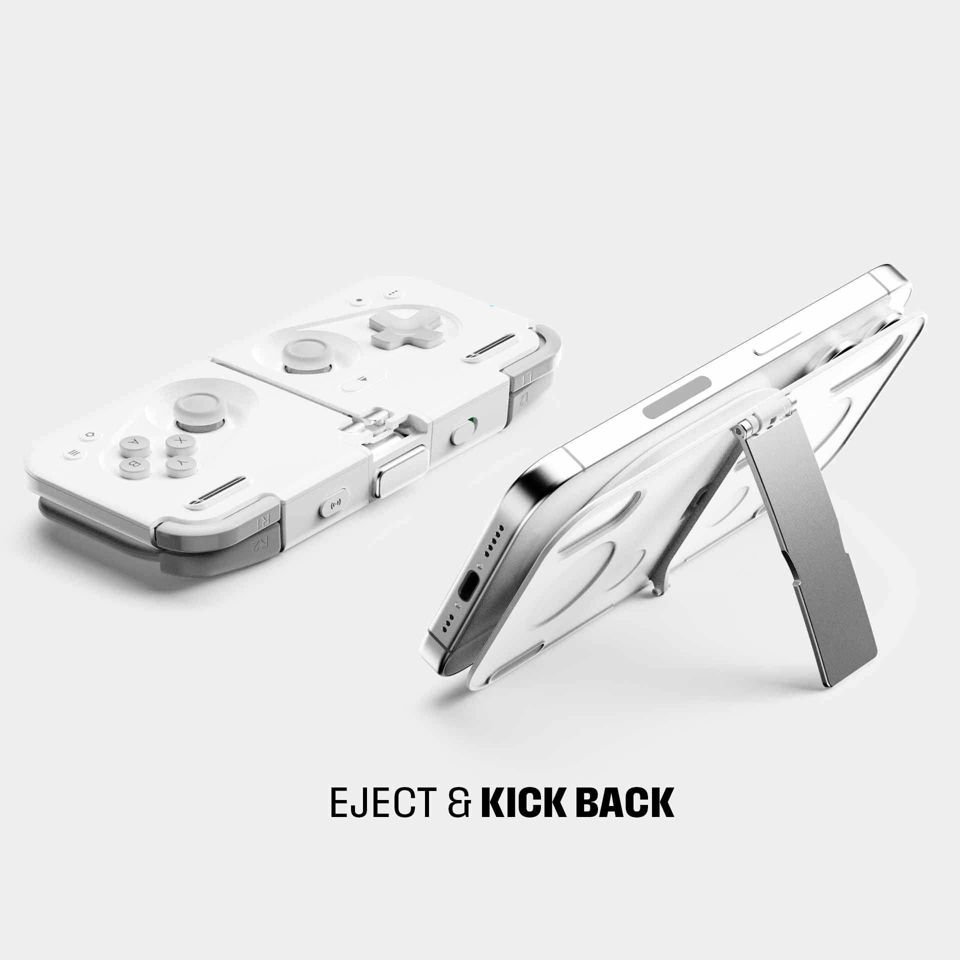 Portable gaming controller with a foldable design and adjustable stand for mobile devices.
