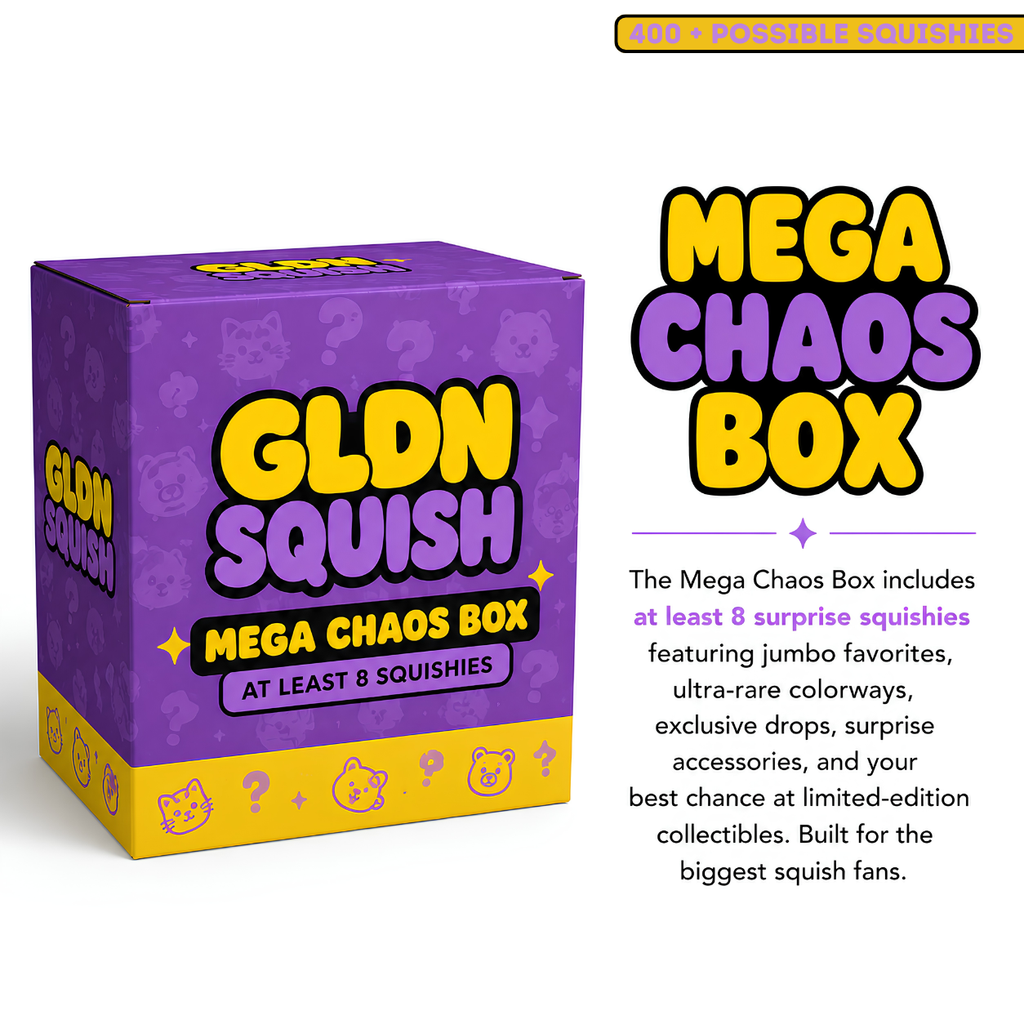 A purple and yellow box labeled 'GLDN SQUISH MEGA CHAOS BOX' shown on a white background with descriptive text about the box containing at least 8 surprise squishies.