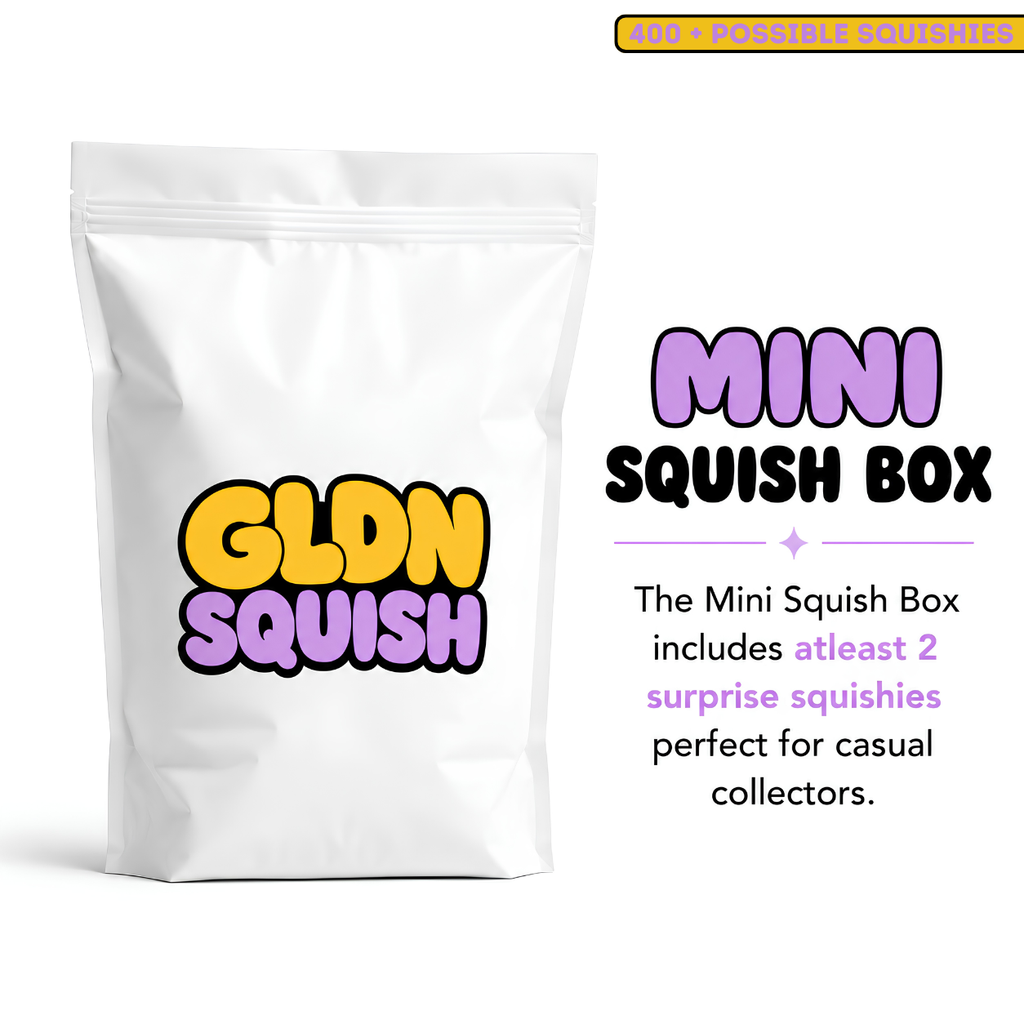 A white stand-up pouch labeled 'GLDN SQUISH' stands on a white background next to promotional text reading 'MINI SQUISH BOX' and a small yellow banner that says 'GLDN SQUISHES ESTD 2023'.