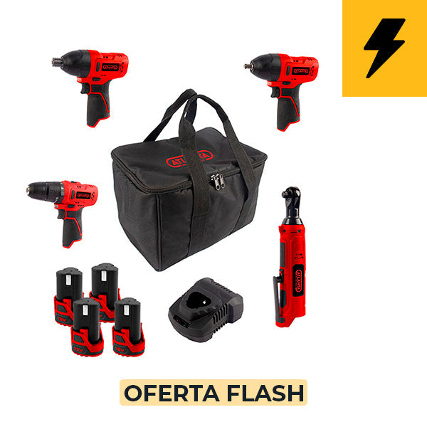 4-PIECE CORDLESS TOOL SET + 4 BATTERIES + CARRYING CASE