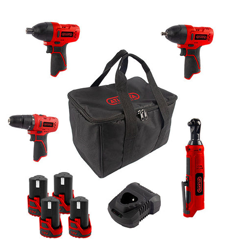 4-PIECE CORDLESS TOOL SET + 4 BATTERIES + CARRYING CASE