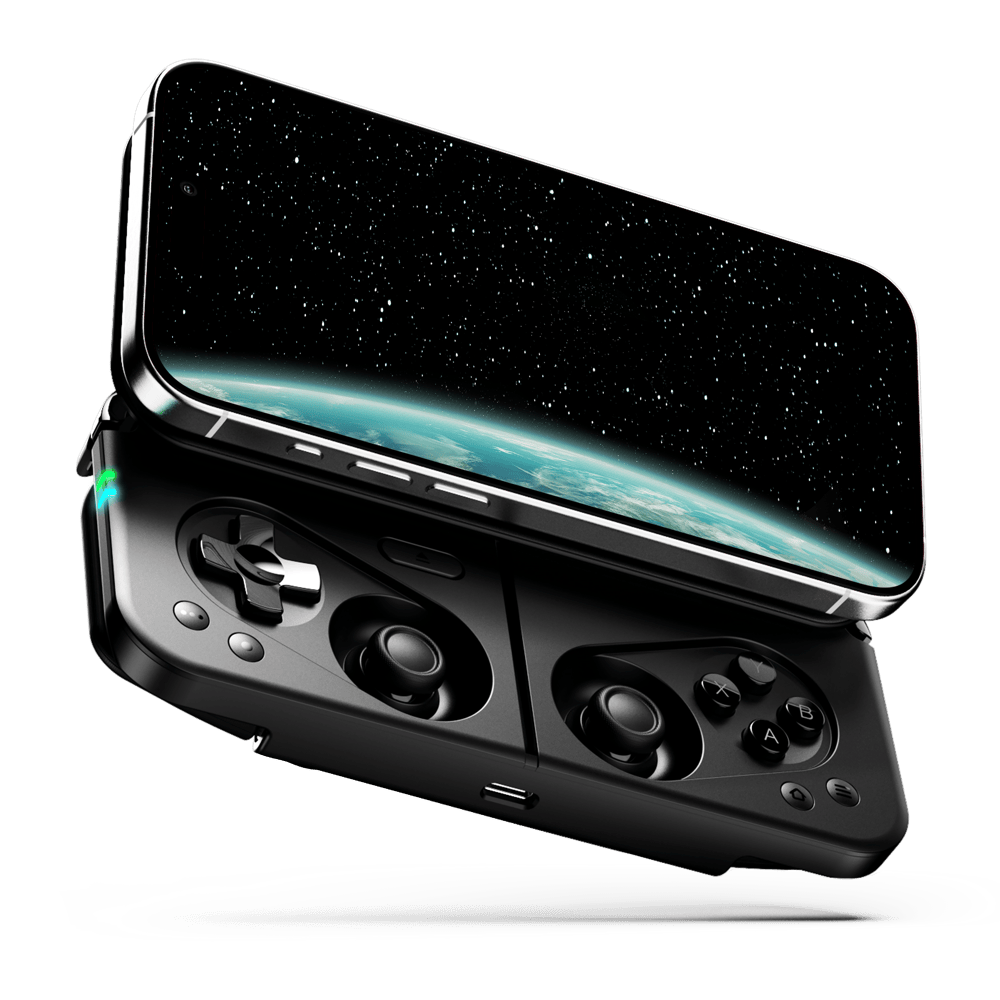 Portable gaming controller with a smartphone holder and dual analog sticks, featuring a sleek design.