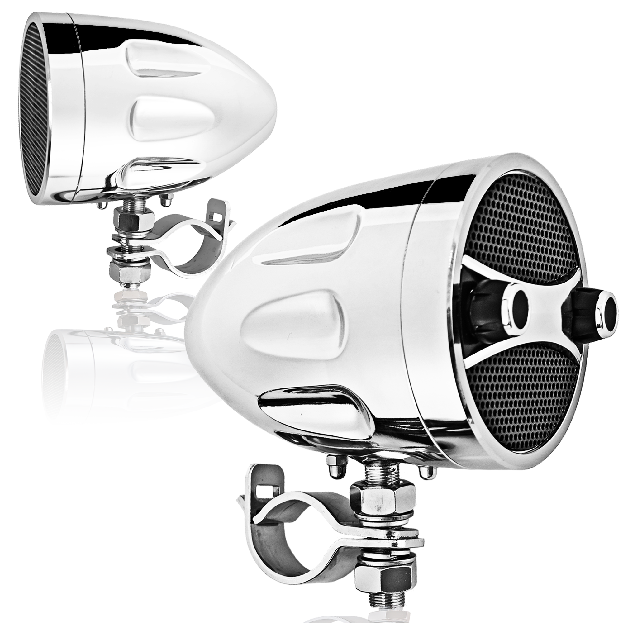 Close-up of KSPEAKER S7CH chrome motorcycle Bluetooth speakers