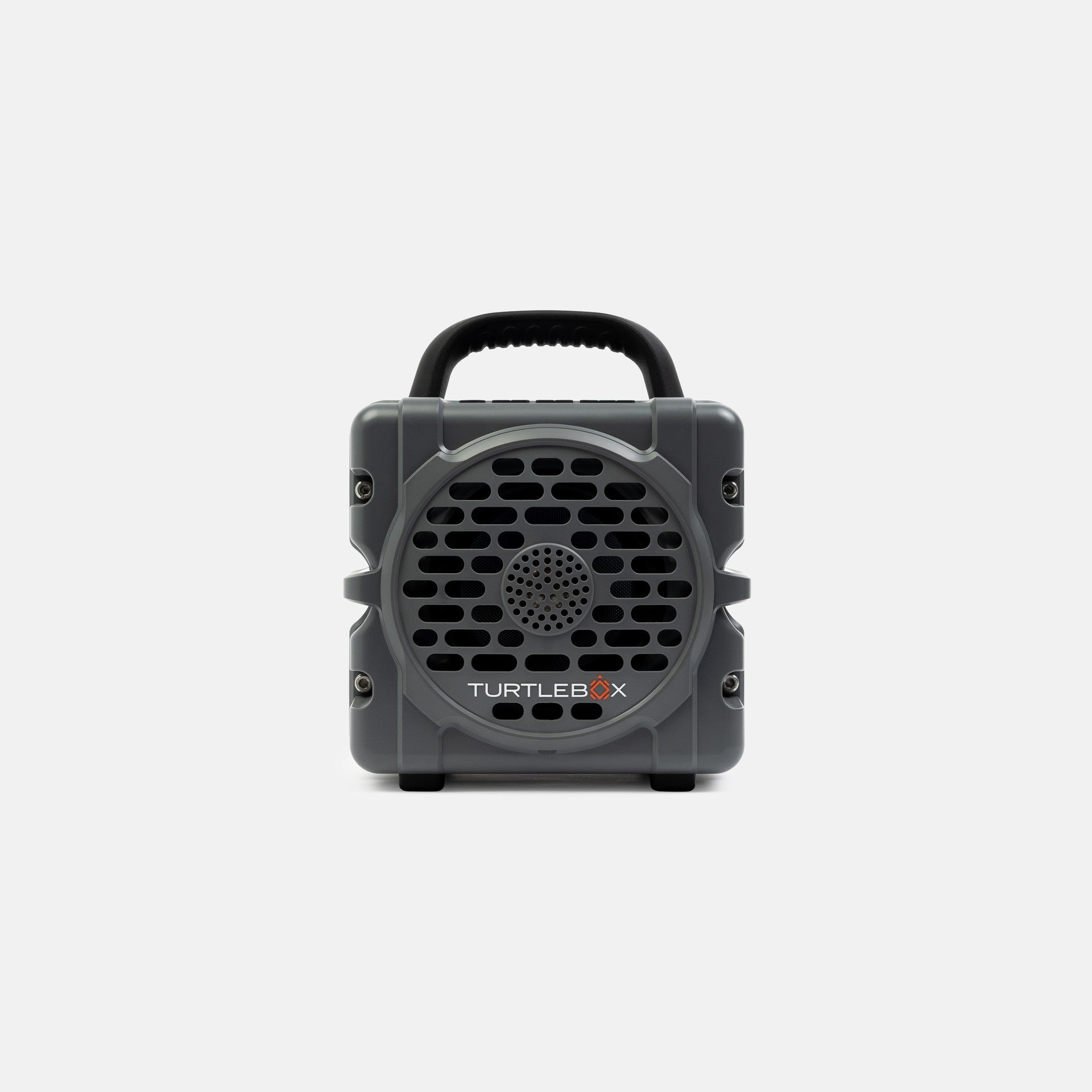Gray portable speaker with handle on a white background no-gallery