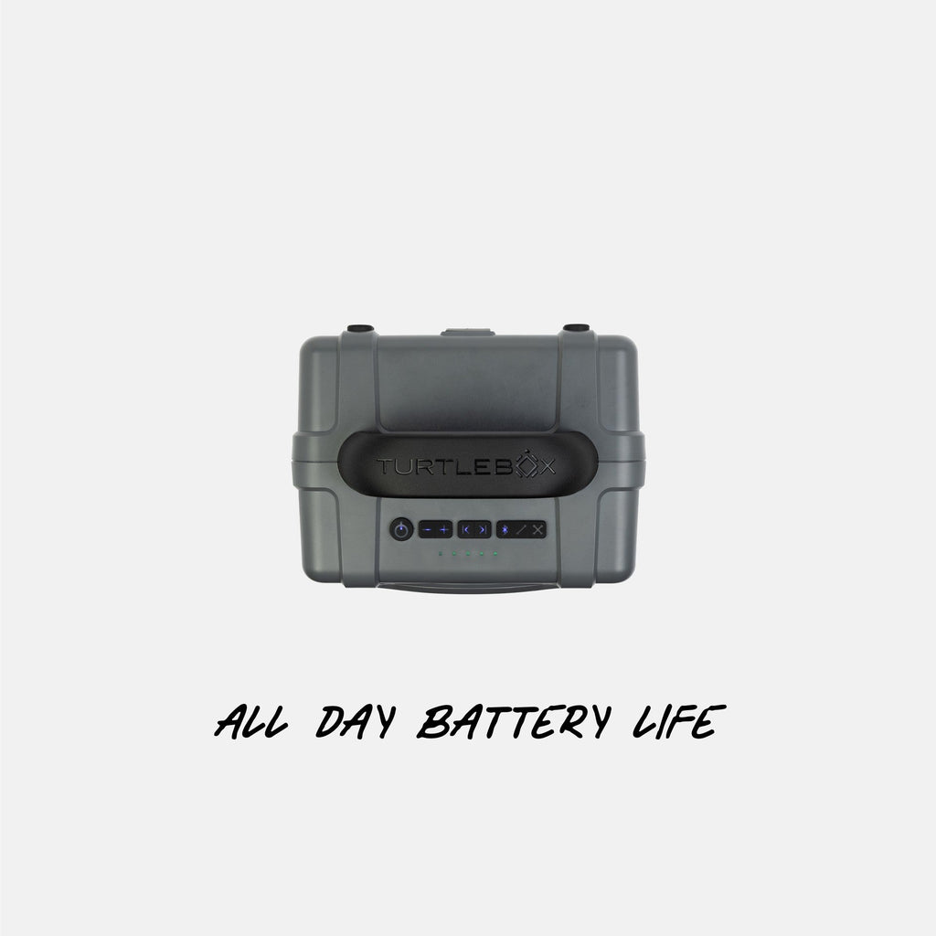 Turtlebox speaker on a white background with text 'All Day Battery Life'. #base-color_gray