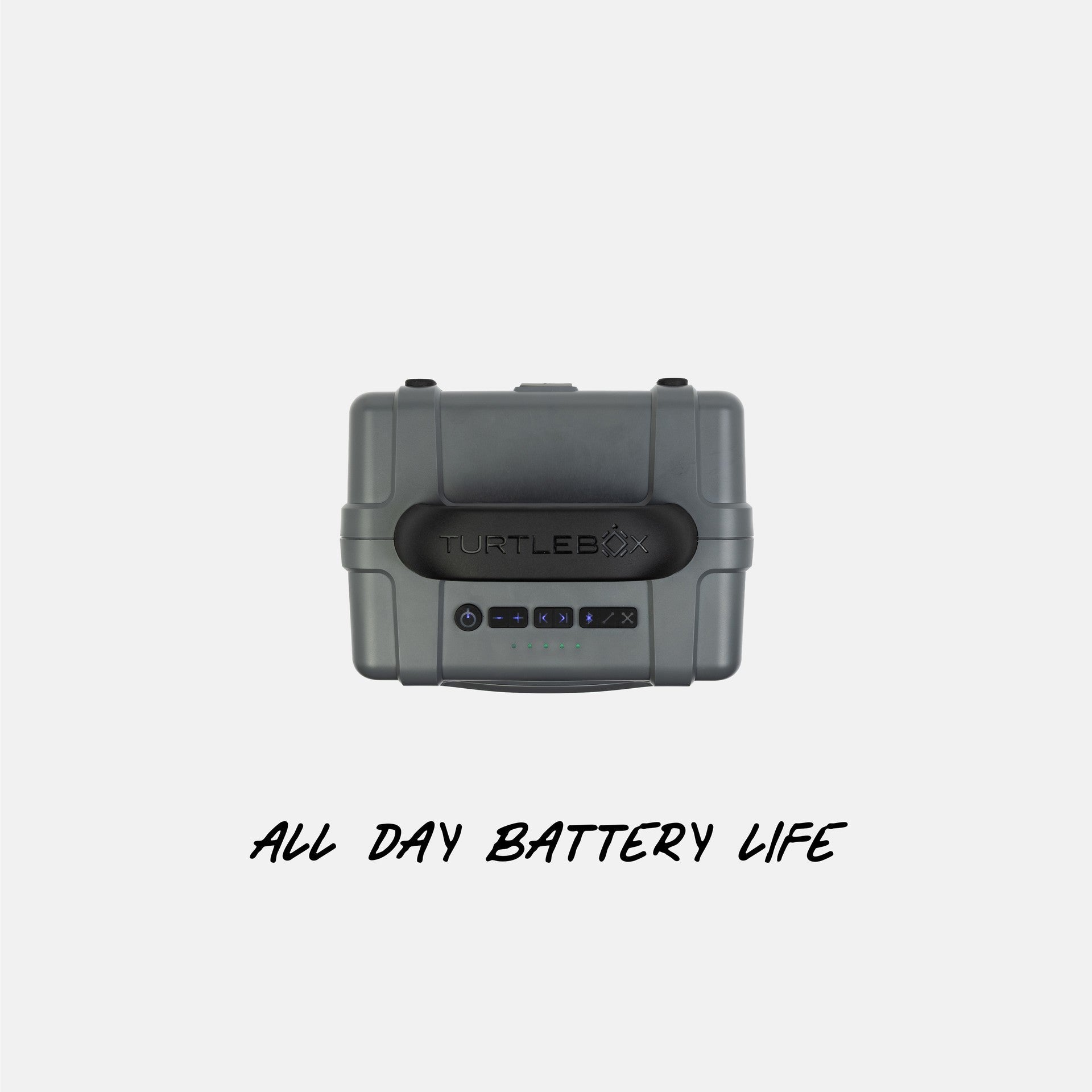 Turtlebox speaker on a white background with text 'All Day Battery Life'. #base-color_gray