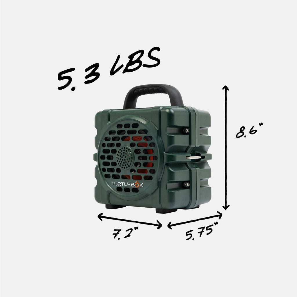 Green portable speaker with dimensions and weight label on a white background #base-color_green