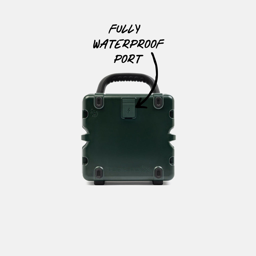 Green portable case with 'Fully Waterproof Port' text on a white background #base-color_green