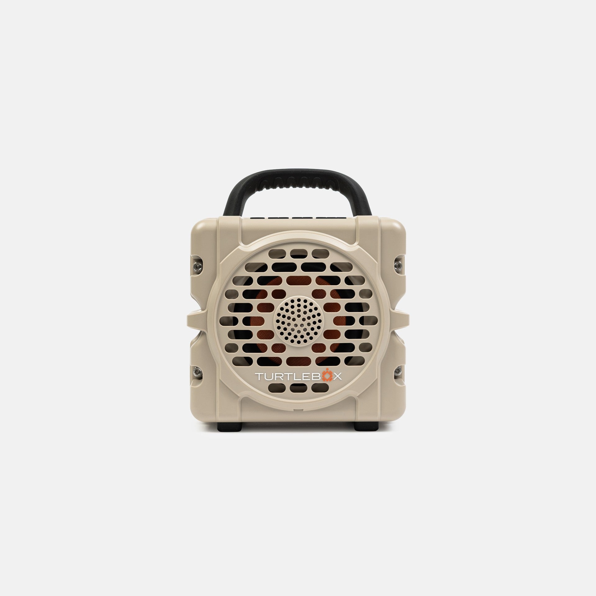 Tan portable speaker with handle on a white background no-gallery