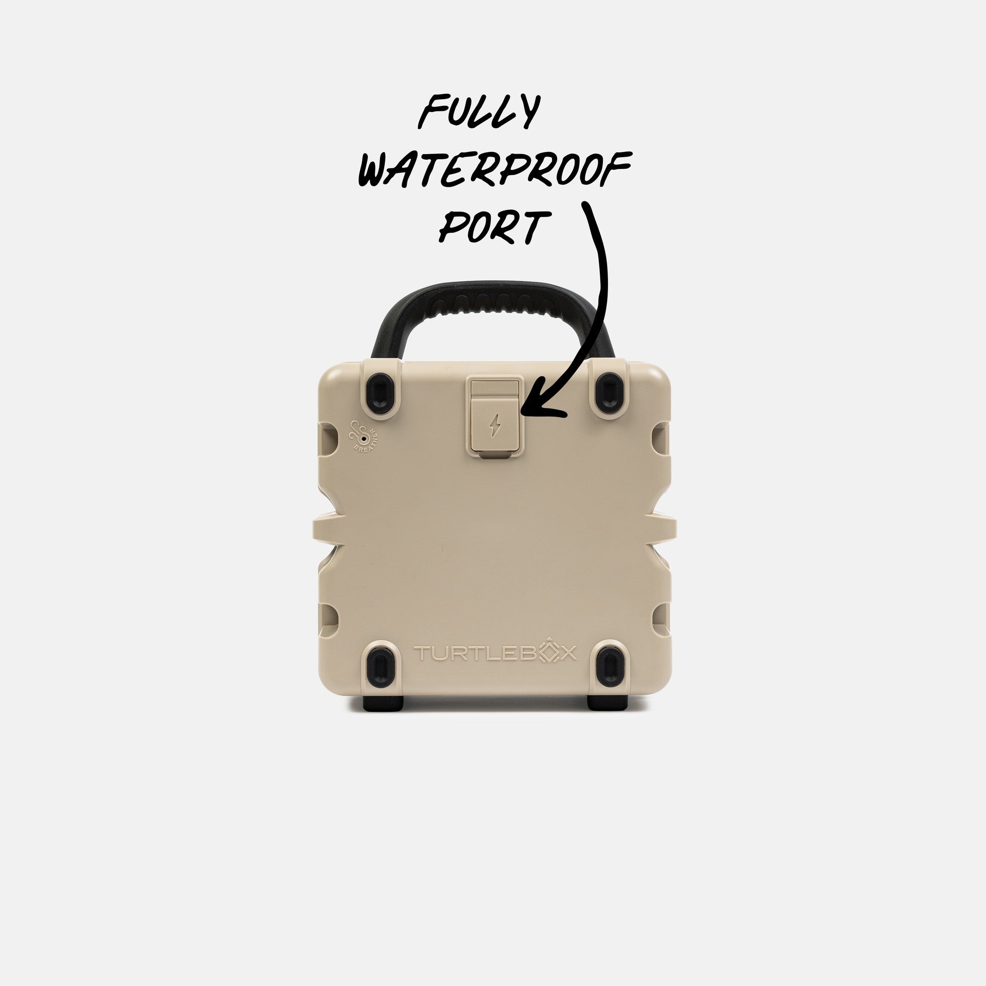 Tan speaker with a handle and 'FULLY WATERPROOF PORT' text on a white background #base-color_tan