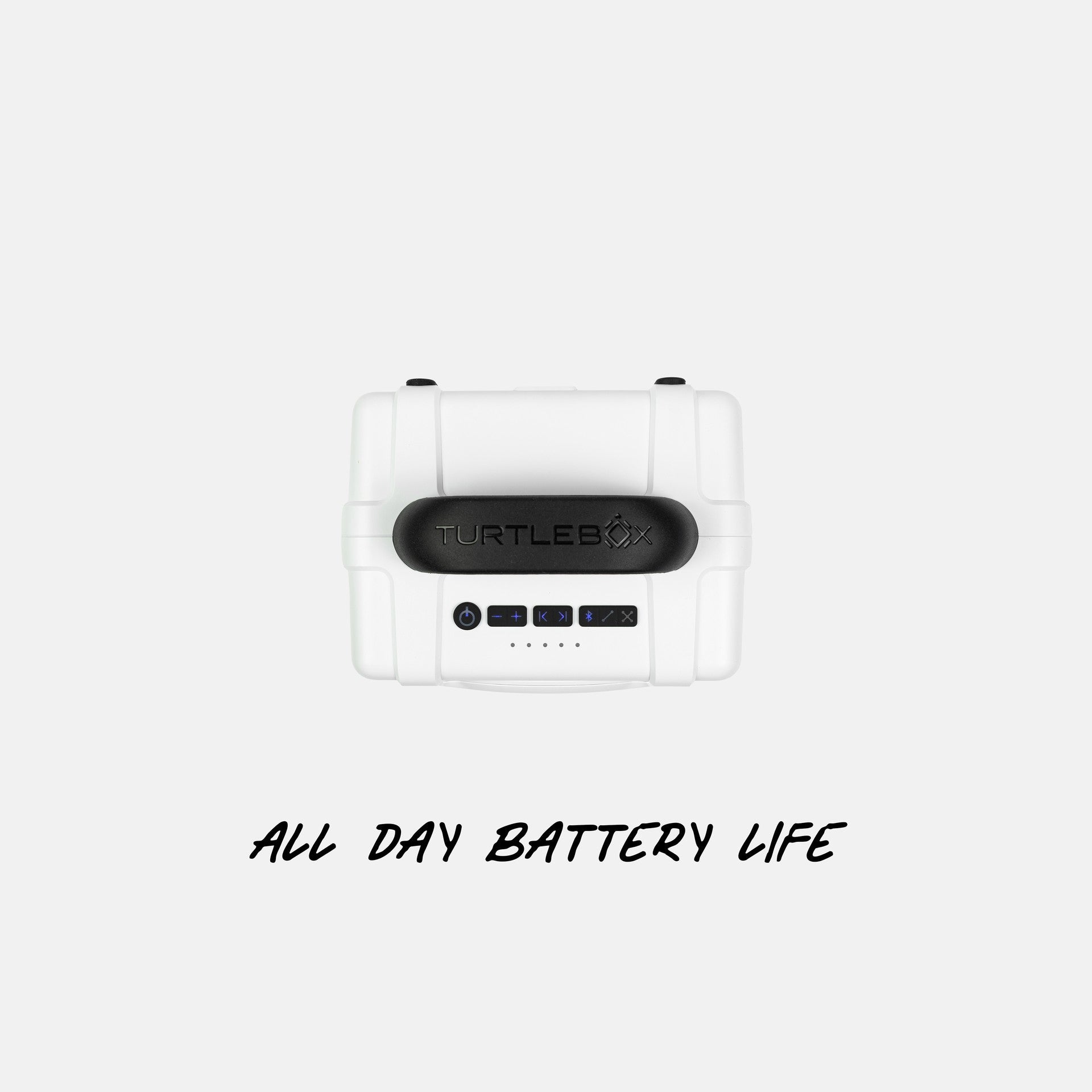 White electronic device with 'Turtle Beach' branding on a white background, featuring text 'All Day Battery Life'. #base-color_white