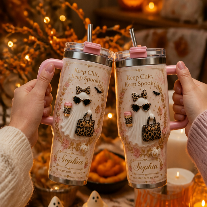 👻 Personalized Vintage Halloween Ghost Insulated Tumbler With Handle, Custom Name Spooky Gift