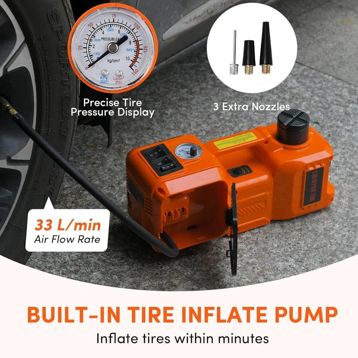 5 Ton 12V Electric Hydraulic Car Jack Kit – Tire Inflator Pump & Impact Wrench – Portable Floor Jack Lift – Lifting Range 155-450mm – For Sedan, SUV, MPV, Truck Tire Change, Repair – Electric Jack + Electric Wrench